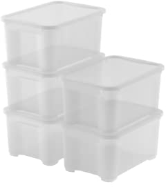 Keter Juego de 5 Cajas organizadoras de plástico con tapa T Box XS, transparentes, ideales para ropa, zapatos y almacenamiento, aptas para armarios y garajes, 14 L, 38 x 26 x 19 cm