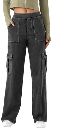 LaiEr Women's Denim Walking Trousers Straight Leg Pants Casual Work Bottoms Outdoor Streetwear Womens Stretch Cargo Pants with Pockets for Casual Outdoor Hiking Jeans.(Dark Grey L)