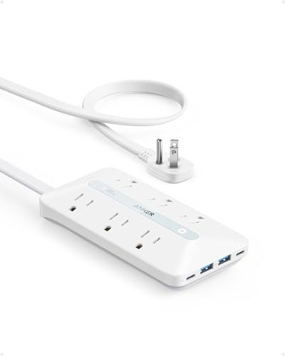 Anker Power Strip with 300J Surge Protector, Flat Plug Extension Cord with Multiple Outlets, 6 AC, 2 USB A & 2 USB C Ports for 20W, 5ft Outlet Extender, Dorm Room Essentials, Home Office