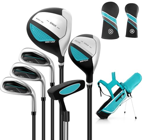 COSTWAY Juego de Palos de Golf para Niños de 11 a 13 Años, Incl. Bolsa de Soporte con Capucha para Lluvia, Conductor N.° 1, Híbrido N.° 5, Hierros y Putter N.° 7 N.° 9, para Diestros(Azul)