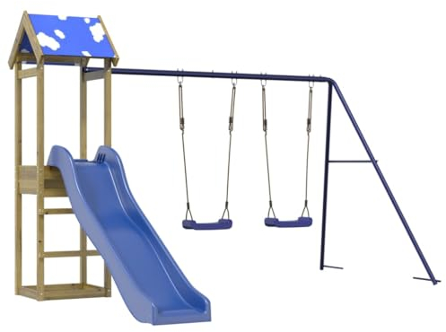 vidaXL Play Tower, Climbing Frame with Roof Wave Slide Swings, Children's Climbing Tower Play Accessories for Garden, Wooden Playground Playhouse, Pine Wood Impregnated