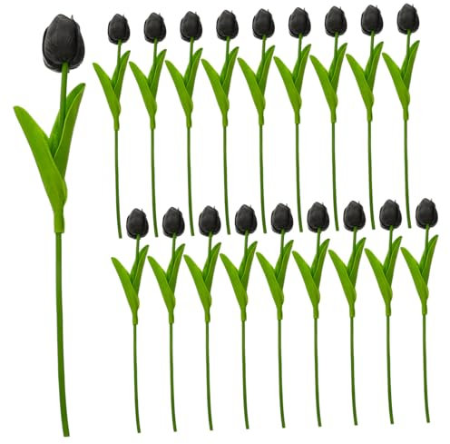 Amosfun 20pcs Artificial Tulips Bouquet Faux Tulips Simulation Flower Stems Pu Material Home Indoor Decoration Wedding Floral Arrangement Black