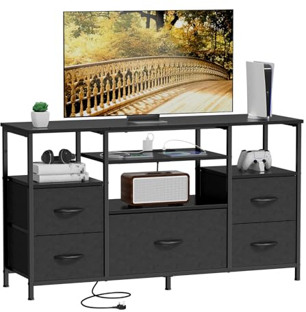 COWISH Bedroom Chest of Drawers, with Outlets,Multi-functional TV Stand with Storage Fabric Drawers Suitable for Bedrooms,Living Rooms, and Multimedia Centres,Black