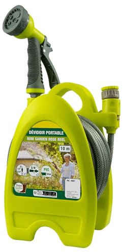 TERRE JARDIN - Tuyau Arrosage, 10 m - Mini, Enrouleur Tuyau Arrosage Portable - Devidoir Tuyau Arrosage, Portatif - Buse à 6 Jets - Poignée Ergonomique - Compact, Léger, Facile à Utiliser