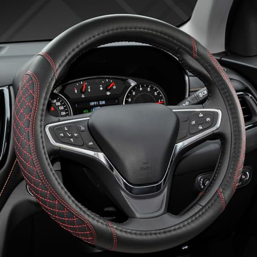 GIANT PANDA Auto Lenkradbezug aus PU-Leder, 37-38cm – Diamantgesteppt, Atmungsaktiv, rutschfest, Universalgröße - Schwarz+Rot
