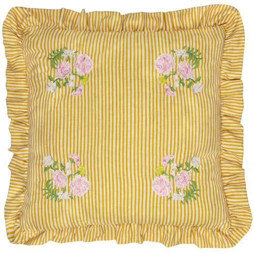 furn. Wylder Martha Ruffle Polyester Filled Cushion – Country Cottage Floral Embroidered Striped Decorative Pillow (Yellow – 50x50cm)