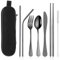 Black Cutlery Set with Travel Case - 8PCS Portable Camping Cutlery Set for 1, Durable 18/0 Stainless Steel Picnic Utensils, Reusable Knife Fork & Spoon Set with 2 Straws Chopsticks and Cleaning Tools