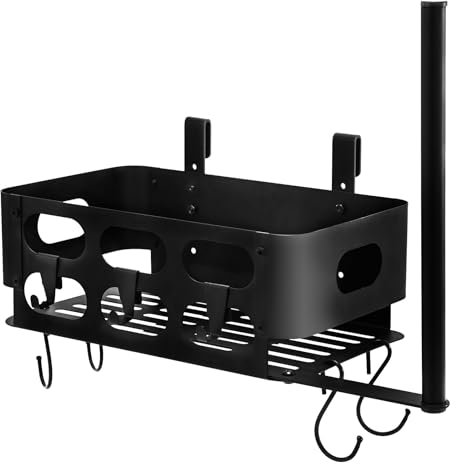 CASDUCT Storage Bin for Traeger Grills,BBQ Basket with Towel Holder,7 Metal Hooks Compatible for 20/22/34/575/780, Ironwood 650, Z Grills, Pit Boss Pellet Grills Black