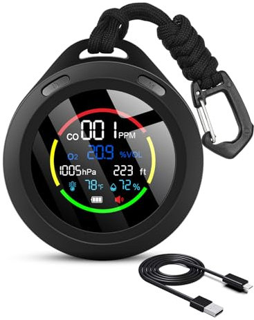 Detecteur Monoxyde Carbone Portable, Détecteur de CO, Détecte Le CO, l'O2, la Pression atmosphérique, l'altitude, la température et l'humidité pour la Maison, Les Voyages, Le Camping, la Voiture