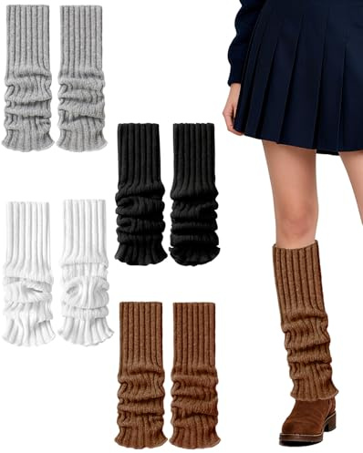 Ninnyi 4 Pairs Ribbed Knit Leg Warmers Ladie, White Gray Black Coffee Leg Warmer Kids