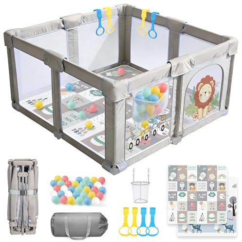 SPYLAVE Laufstall Baby Faltbar 150x150 mit Matratze, Tragbarer Laufgitter Baby aus 300D Oxford-Gewebe, 360° Atmungsaktives Netz & Rutschfestem Boden, Sicherer Babyspielplatz für Drinnen & Draußen