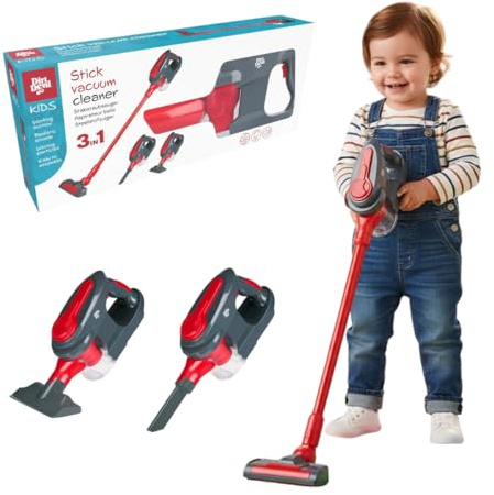 Dirt Devil Aspiradora de Juguete 3 en 1 - Aspiradora Vertical y de Mano con 2 Accesorios - Función de Succión Real y Sonidos Realistas - para Niños y Niñas a Partir de 3 años - Rojo/Gris