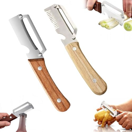 GWEOR Uppsättning av 3 multifunktionella grönsaksskalare av rostfritt stål, sparskalare med trähandtag och 2-i-1 julienneskalare, professionell köksskalare för frukt, grönsaker, potatis och morötter