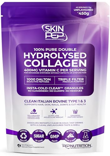 Collagen Peptides Powder 1000 Dalton Bioactive Vitamin C Enhanced Synthesis 450g | SkinPep Unflavoured Triple Filtered, Double Hydrolysed, Grass Fed Bovine Collagen Supplement for Women & Men