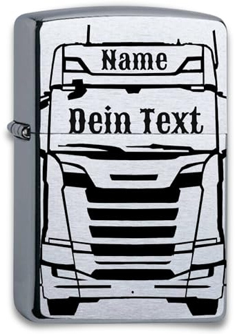 Mechero de Gasolina Compatible con Zippo Grabado diseño camión, Personalizado con tu Texto Opcional, Encendedor Cromo Cepillado
