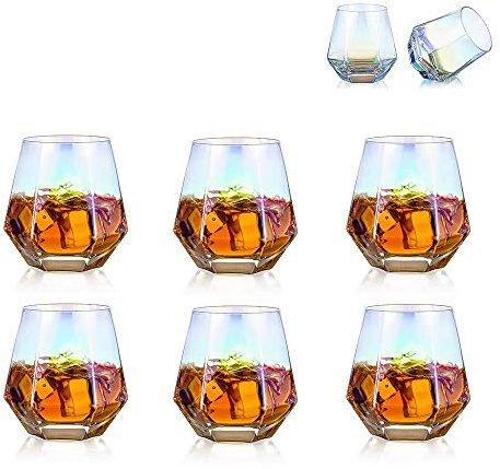 Glasseam Diamant lutat whiskyglas på 300 ml med modern look för män, kvinnor, pappa, make, vänner. Dricksglas för bourbon, rom och bar