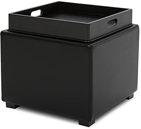 CHITA Storage Ottoman Cube with Tray Lid, Small Footstool with Storage, Square End Table for Living Room and Bedroom, Faux Leather in Black
