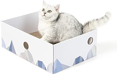 Conlun Katzen Kratzbrett mit Box, Großes Kratzmöbel, Beidseitige Kratzpappe für Katzen, Interaktive Öffnungen, Kratzbett für Wohnungskatzen, mit Katzenminze (1 Stück, Groß, Weiß)