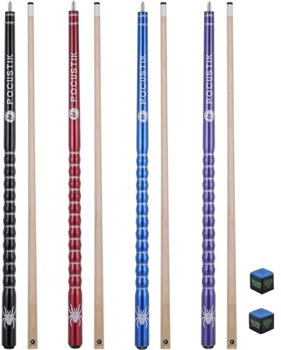 POCUSTIK 4-Pack Pool Cues 18 19 20 21 oz, 58 2-Piece Pool Sticks for Adults Set 4, Ergonomic Canadian Maple Cue Sticks for Home Bar Billiard Table- Purple Blue Red Black