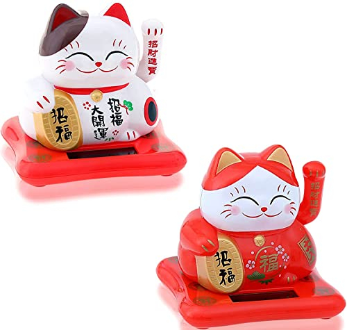Chat porte-bonheur japonais - Figurine porte-bonheur - Pour bureau - Article de farce amusant - Cadeau d'adieu pour collègue - Cadeau de lutin (solaire blanc et rouge)