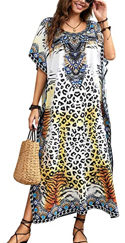 YouKD Lång kaftan för kvinnor, lång maxiklänning i bohemisk stil, täckande överdragsklänning, rymlig kimono, en storlek, loungekläder, en storlek
