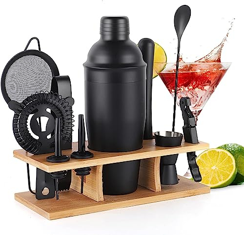 Bartender Kit 11-Piezas Coctelera-Mezclador para Cócteles 25oz Boston Shaker-Accesorios de Bar con Elegante Soporte de Bambú Mix Drink Shaker Kit Kit Martini…