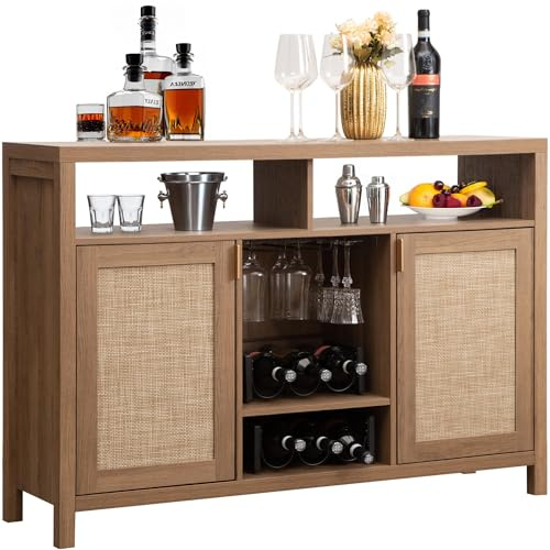 SICOTAS 51 Coffee Bar Cabinet Bar Cart with Storage, Wine Bar Cabinets Boho Home Bar Table, Rattan Sideboard Buffet with 2 Doors, Coffee Station with Wine Racks for Living Dining Room Entryway
