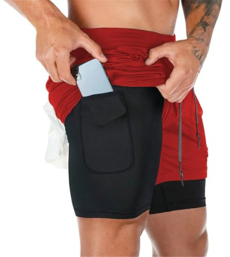 Superora Sportshorts för män, löpshorts, 2 i 1, korta löparbyxor, sportbyxor, fitness, träning, med inbyggda fickor, röd, S