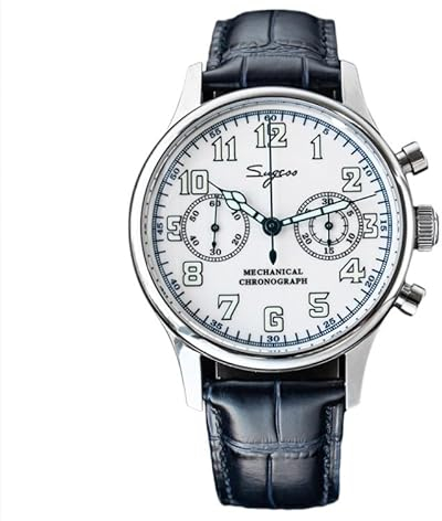 Seestern Sugess Chronograph Pilot Mechanisch Stahl Leder Blau Weiß Vintage Herrenuhr, Gurt