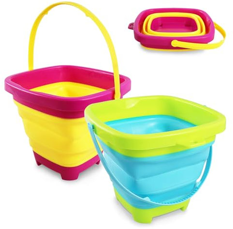 2 x faltbare Sandeimer, Kinder-Strand-Spieleimer mit Griff, zusammenklappbar für Sommer-Camping (gelb-rot + blau-grün)