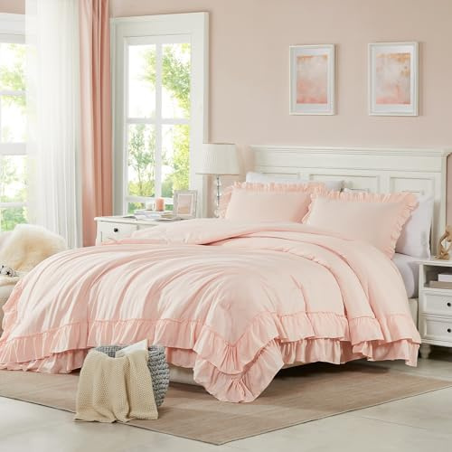 Cupocupa - Set piumino per letto queen size, 3 pezzi, con volant, stile farmhouse/shabby chic, leggero, morbido, per tutte le stagioni, rosa cipria