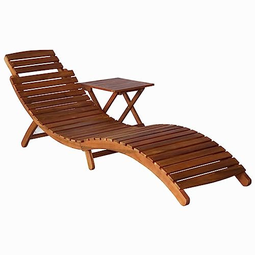 GOLINPEILO Wood Folding Chaise Lounge Chair with Tea Table, Folding Acacia Wood Chaise Lounge, Wooden Sun Lounger, Patio Sunlounger, Outdoor Wooden Garden Lounge Chair for Patio, Poolside, -116