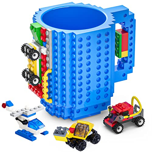 DAYMOO Build-on Bricks kaffeebecher, Lustige tassen, Kreative DIY kaffeetassen Baustein tasse kinder, Geschenkideen für Männer Kinder, N-Blau