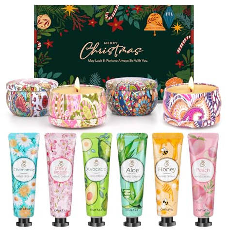Coffret Cadeau Femme Crèmes Mains Hydratantes 6 x 20ml & Bougies Parfumées 4 x 2.5oz, pour Noël, Cadeau Anniversaire Maman - Aromathérapie Coffret Beauté Femme Idee