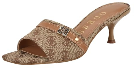 GUESS Women's Peomit Heeled Sandal, Medium Brown Logo 210, 38.5 EU
