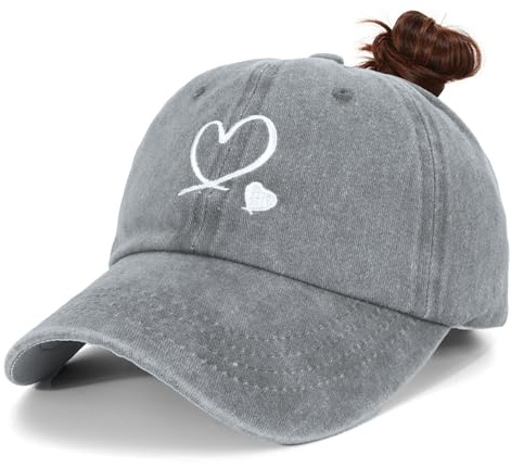 HeyCaps Women’s Ponytail Baseball Cap - Heart Embroidery Washed Adjustable Summer Sun Hat for Outdoor Travel Casual Wear Grey