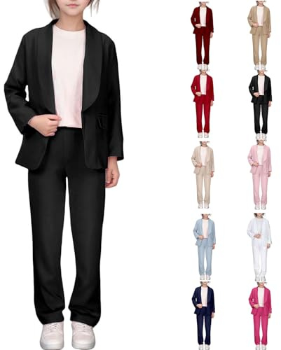 Blazer Fille Blazers à Manches Longues pour Filles Col ChâLe Veste De Costume Formelle Printemps Manteau Enfant Veste Fille Couleur Unie Ensemble Pantalon 2 Pièces Chic et Couleur Unie Slim