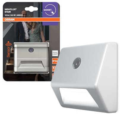 OSRAM NIGHTLUX Luce notturna per scale, bianca, sensore di movimento, IP54, a batteria, bianco freddo 4000 K, ideale per scale e opzioni di montaggio flessibili