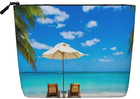 FEYUNYAN Water-Resistant Cosmetic Pouch Organizer For Women Travel, Makeup Bag With Zipper, Lightweight Daily Essentials Pouch For Toiletries Art Supplies Storage, Beach Palm Tree Fake Hemp Makeup Bag