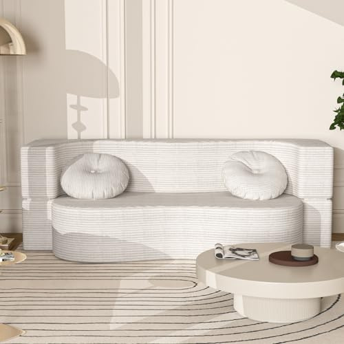 CASSILANDO Schlafsofa Klapp Sofa-Bett 2 Sitzer Couch Wandlungsfähiger Sessel, Hochdichte Schaumstoff Boden Matratze, Lazy Lounge Sofabed Schlafsaal/Spielzimmer, Keine Montage Erforderlich, Weiß