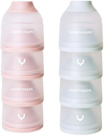 Happymami, Dosatore per Latte in Polvere o Cereali, colore Acquamarina Pastello, 4 scomparti portatili da 360 ml ciascuno, facile da trasportare, apertura semplice (Set di 2 Dosatores)
