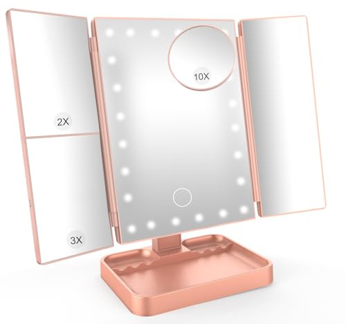SURFOU Specchio da Tavolo Trucco Tri-Fold con 24 LED Touch, 1X/2X/3X/10X Ingrandimento Regolabile, Luce Regolabile 180°, Alimentazione USB/Batteria, Donne - Oro rosa