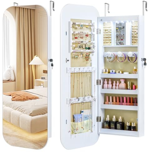 COSTWAY smyckesskåp 107,5 cm, smyckesskáp hängande med 6 LED-lampor och låsbar organisatör, hyllor, krokar, vägg-/dörrmontering, för örhängen, halsband, vit