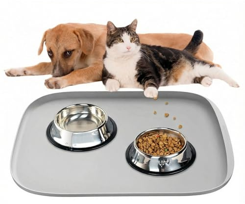 Hundefuttermatte - Silikon-Futtermatte für Haustiere, rutschfeste Katzennapfmatte, Wasserdichtes Tablett-Kissen, Napfunterlage Katzen für Mittlere und Kleine Haustiere (Hell-Grau, 45x30 cm)