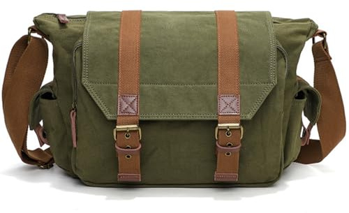 DremFreo Vintage canvas fotoväska för spegelfri SLR och bärbar dator 13 tum Messenger med utdragbar vadderad väska 34 x 13 x 27 cm #507