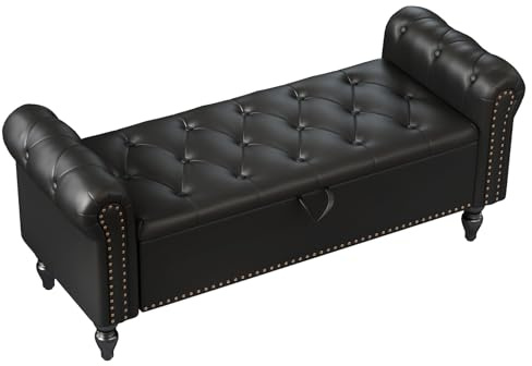 Ckaff Storage Ottoman Bench, Leather Benches End of Bed Bench with Solid Wood Legs Upholstered Ottoman Bench with Storage Indoor Bench for Living Room with Rolled Arm, Entryway, Black, 132CM