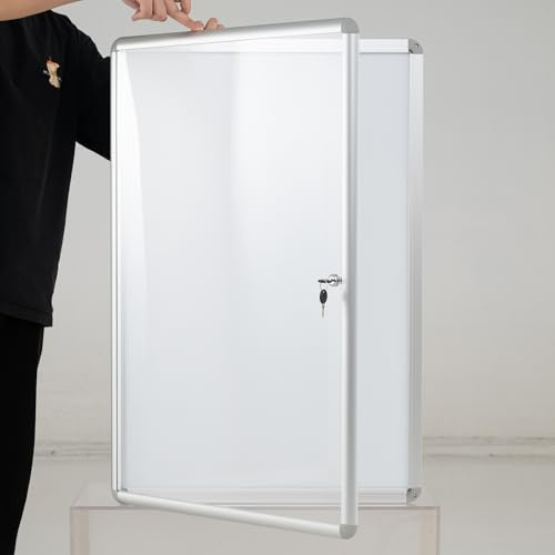 KOMFOTTEU Tableau d'Affichage Fermé, Vitrine d'Affichage avec Serrure à Clé, Porte Ouvrable, Cadre en Aluminium, Panneau Transparent, Tableau Magnétique pour Bureau, Maison (90 x 60 cm,Argenté)