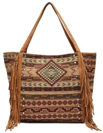 MISAKO Jovana bolso shopper grande jacquard con flecos y detalles metálicos Mujer - Jovana Camel 34x17x49cm
