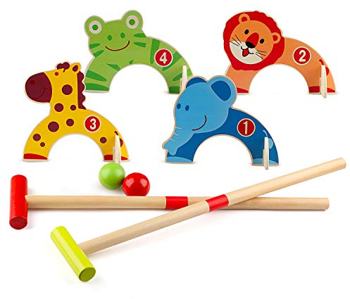Wondertoys Wooden Animals Croquet Set Golf Toys Age 3+ with 2 Balls Early Educational Game Gift for Children