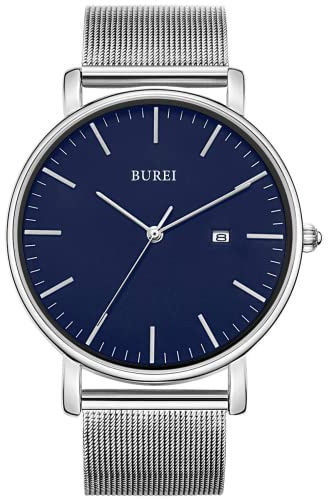 BUREI Ultra Dünne Uhren Herren Analoges Datum Armbanduhr Herren mit Japanisches Quarzwerk, Geschenke für Männer (Silber Blau, Edelstahl)